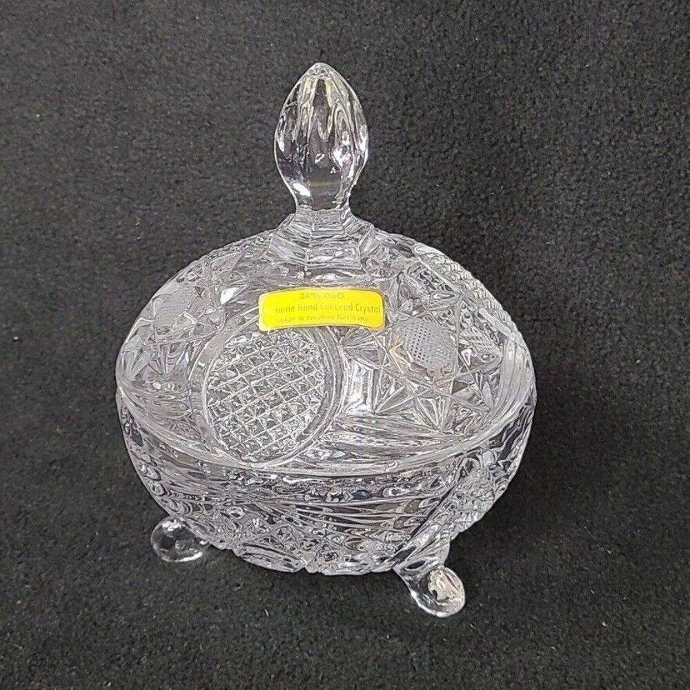Vintage Covered 24% pbo Lead Crystal Candy Dish Genuine Hand Cut